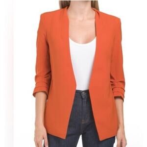 Rachel Zoe Size M Orange Stretch Open Front Blazer Jacket with Ruched Sleeves